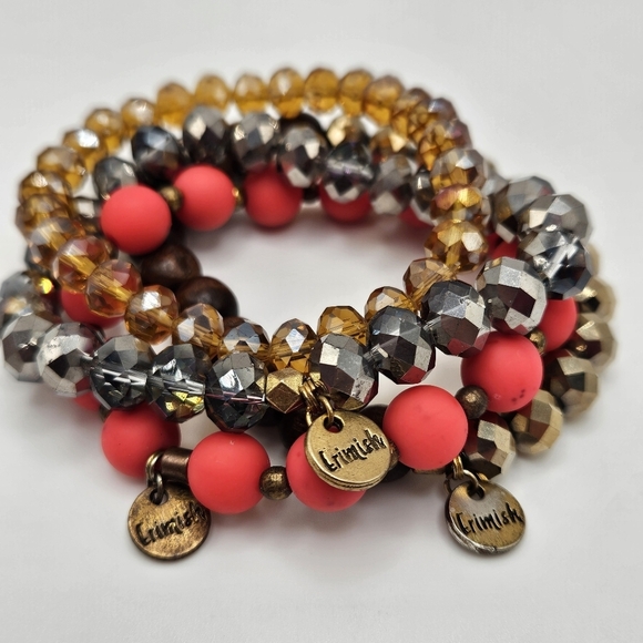 Erimish Stacking Stretch Pink Silver Bronze Rhinestone Beaded Bracelets Set of 4 - Picture 1 of 6